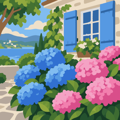 Hydrangea Cottage paint-by-number coloring picture